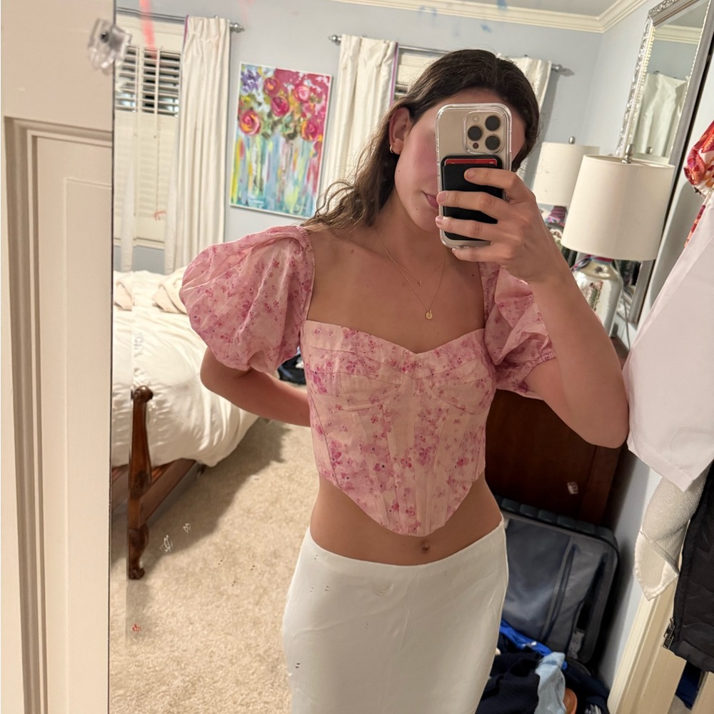Bardot Floral Pink Puff Sleeve Corset Top